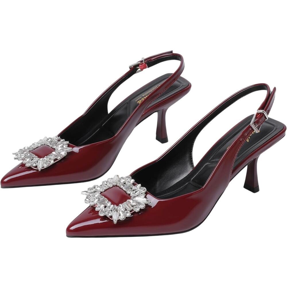 New Lucibenita Women's Slingback Rhinestone Kitten Heels Burgundy Red Size 9.5